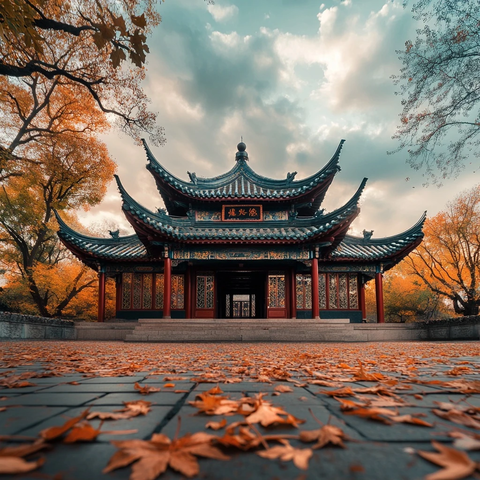 古典中式建筑前落叶满地的秋景