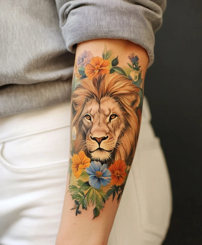 女式纹身图案狮子与花朵