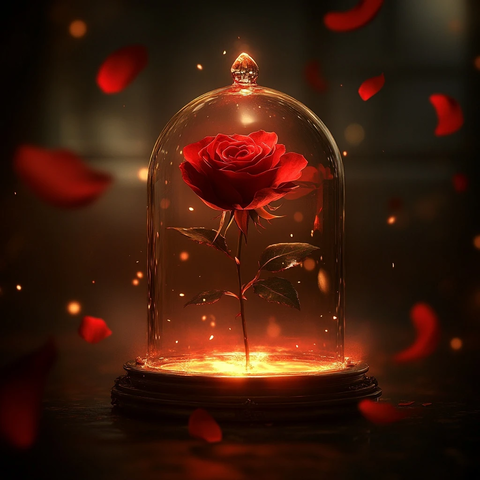 红玫瑰玻璃罩花瓣飘落