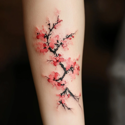 樱花枝条抽象水彩纹身