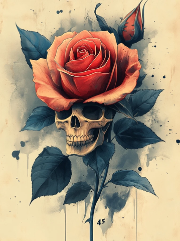 玫瑰骷髅纹身图案