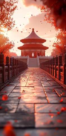 天坛建筑前铺满落叶的石板路