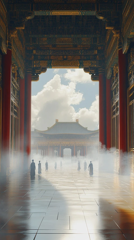 中式建筑下云雾缭绕的行人景象