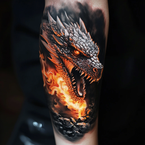 龙喷火纹身手臂黑背景