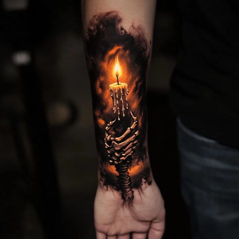 骷髅手握蜡烛纹身设计