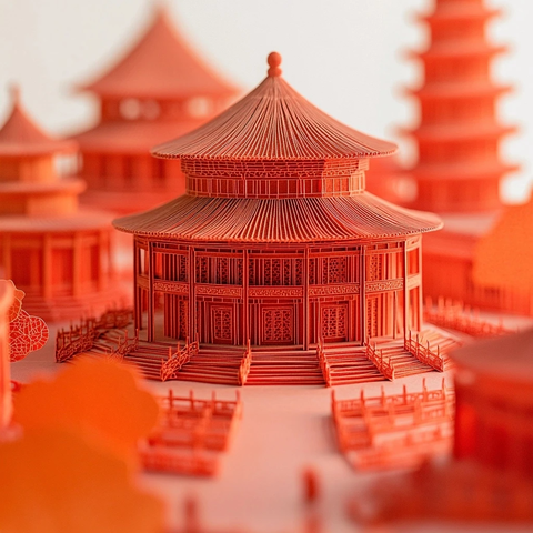 传统中式古建筑纸雕模型全景