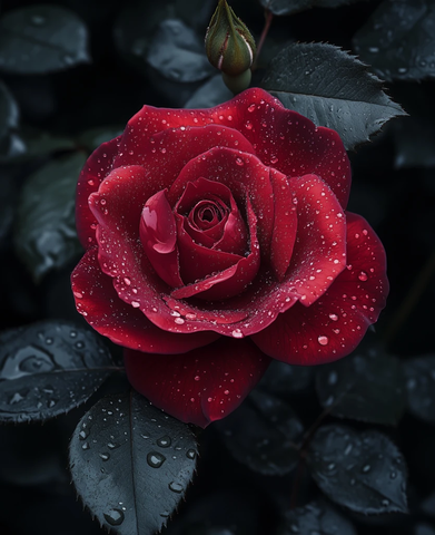 深红玫瑰水珠绿叶背景