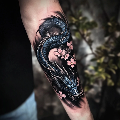 龙纹身缠绕手臂与蓝黑墨水