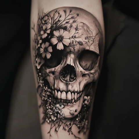 骷髅头野花纹身图案