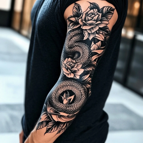 玫瑰蛇纹全袖黑灰混搭刺青