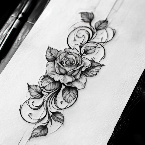 玫瑰镶嵌风格纹身设计