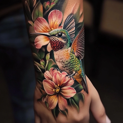 手部纹身蜂鸟花卉细节