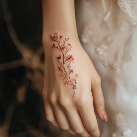 女人手部水彩花朵纹身