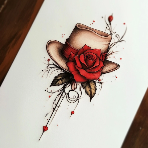 红玫瑰与帽子纹身设计