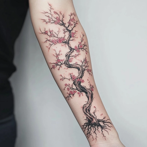 樱花树根手臂长纹身