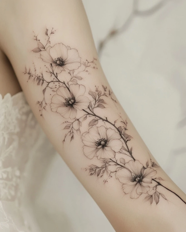 芍药花纹身与叶脉细节