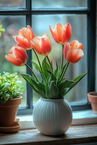 五支白瓷瓶装粉色郁金香