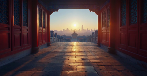 红门廊道内看古建筑与现代城市融合景象