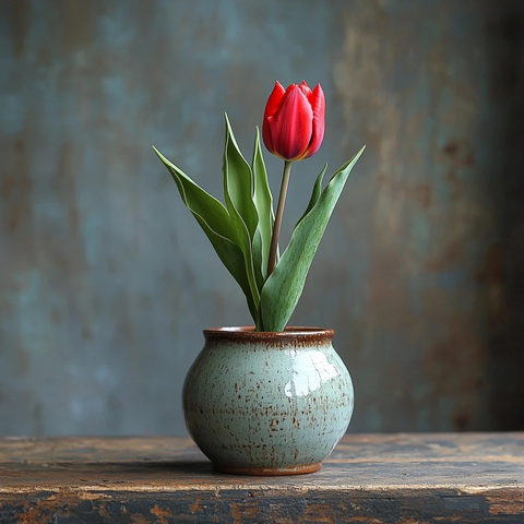 红郁金香陶瓷花盆静物