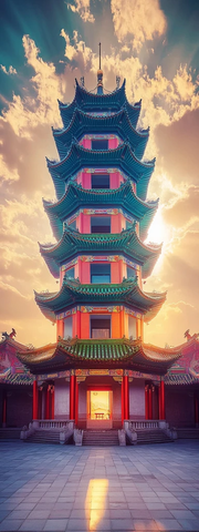 夕阳下的多层古式塔楼建筑