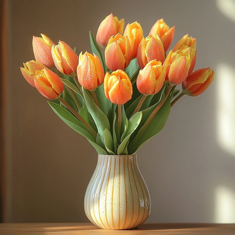 橙黄花瓣露珠窗台花瓶