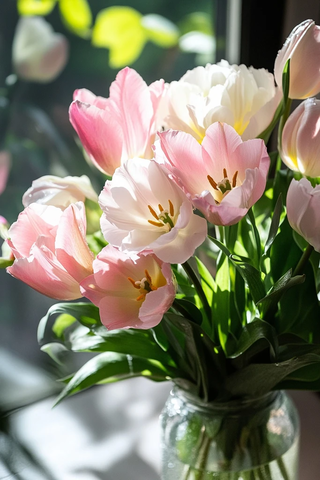 户外桌上花瓶和花束