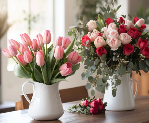 白色陶瓷花瓶粉色郁金香玫瑰花束
