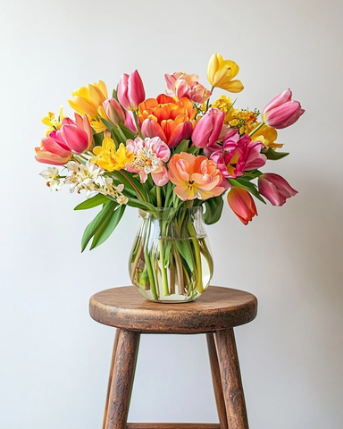 花瓶插花木凳静物