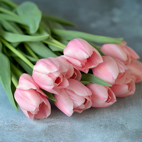 粉色郁金香花束摆放在浅蓝桌