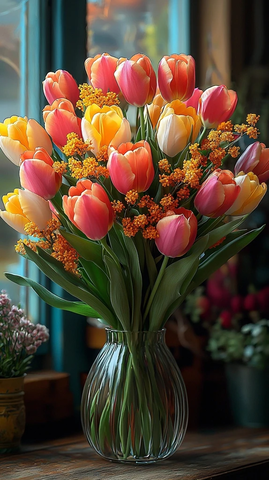 彩色郁金香与含羞草花束