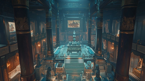 古建筑内部宏伟景象的俯瞰视角