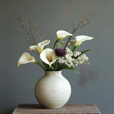 白色陶瓷花瓶与卡拉百合花束