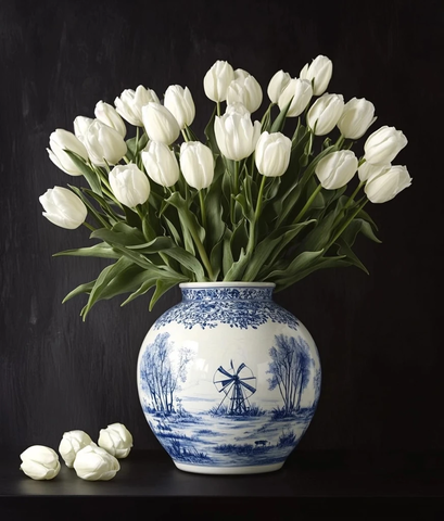 荷兰风车牛群白陶花瓶