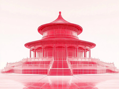 红色线条勾勒的天坛建筑