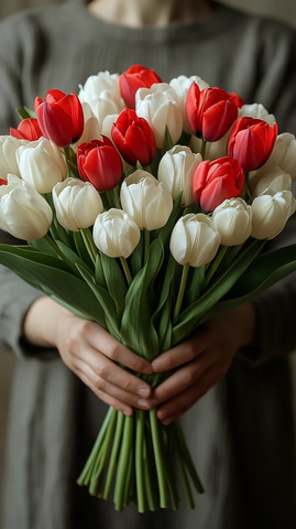 男人手捧红白郁金香