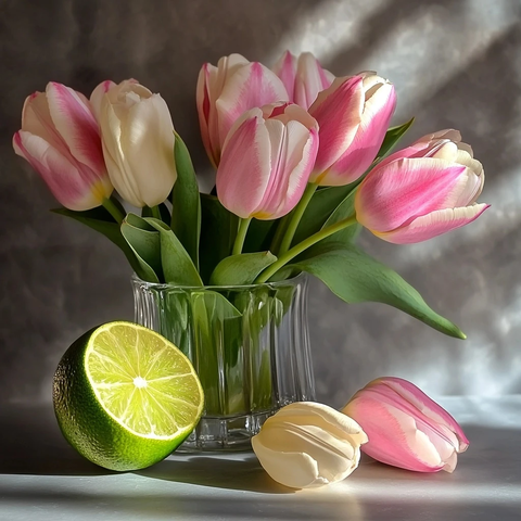 粉色石灰与白色郁金香