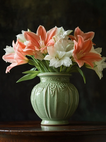 青瓷小瓶插花木桌