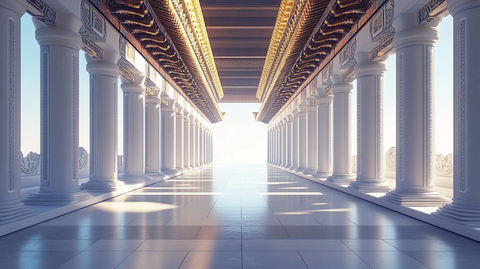 宽敞明亮的古典柱廊建筑内部全景