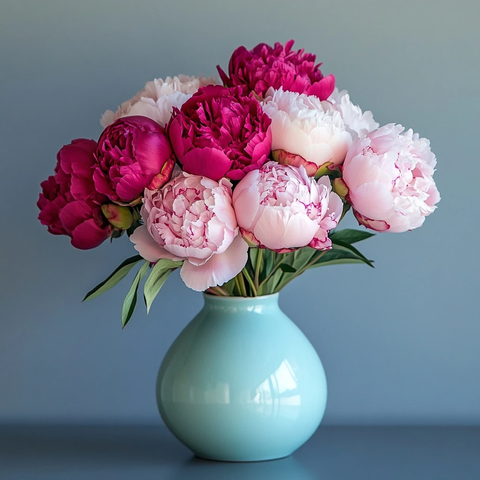 粉色芍药花束蓝色花瓶