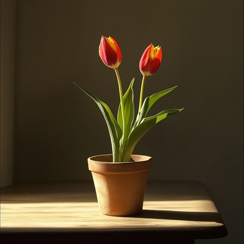 小盆中的两朵郁金香