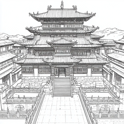 中式传统多层建筑鸟瞰全景