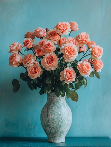 花瓶玫瑰蓝墙自然光