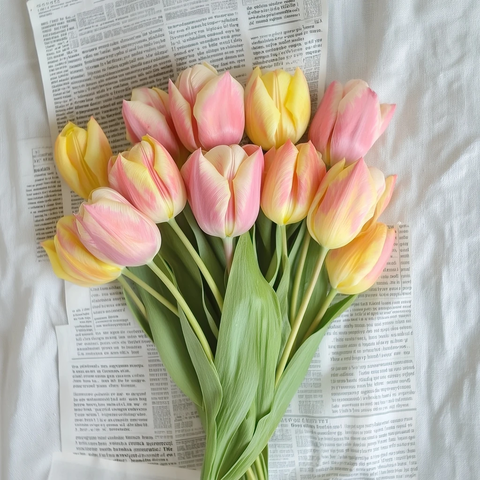 粉色黄色郁金香报纸花束