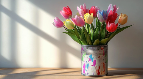 金属漆罐插花木桌静物