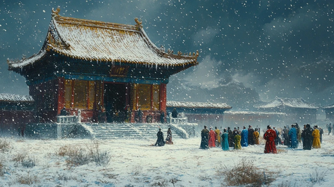 古建筑前雪天众人聚集的场景