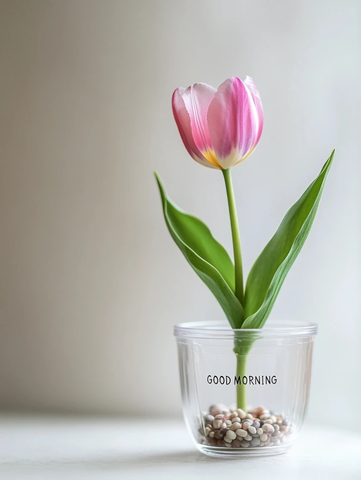 玻璃瓶中郁金香与早晨问候