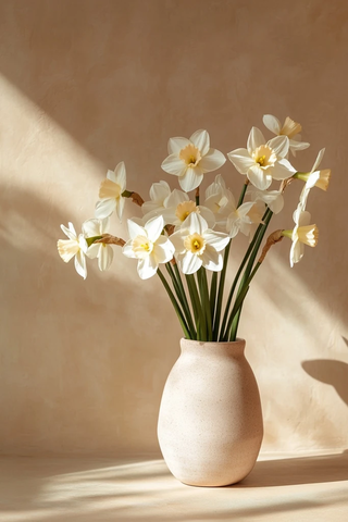 陶瓷花瓶与白色水仙花
