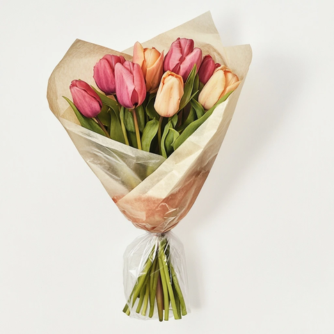 透明纸包裹的郁金香花束