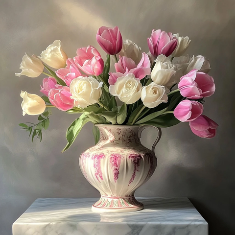 粉色郁金香白玫瑰古董花瓶
