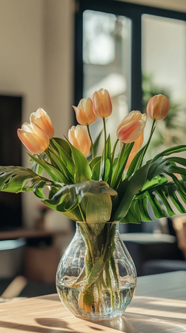 玻璃花瓶里的郁金香和龟背竹